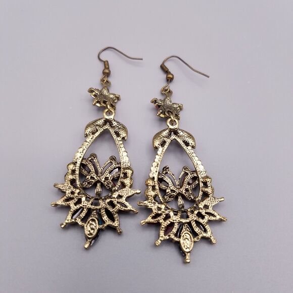 Chandelier Earrings Butterfly Brass Tone Multicolor Beads Rhinestones Pierced - Picture 2 of 6